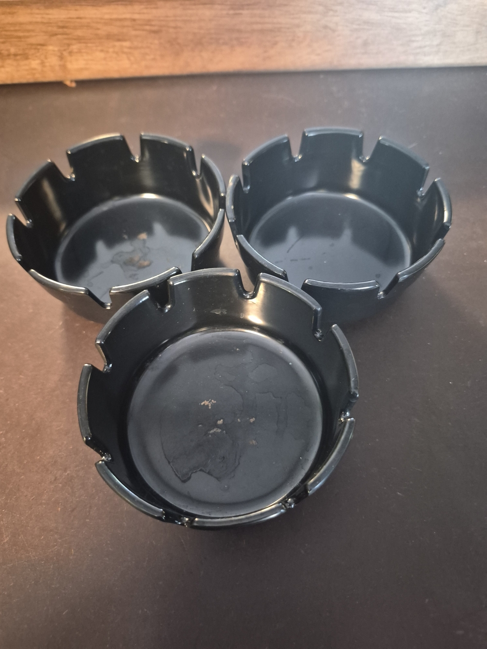 Lot of 3 Vintage Stackable Black Melamine 8-Slot Ashtrays - Good Used Condition